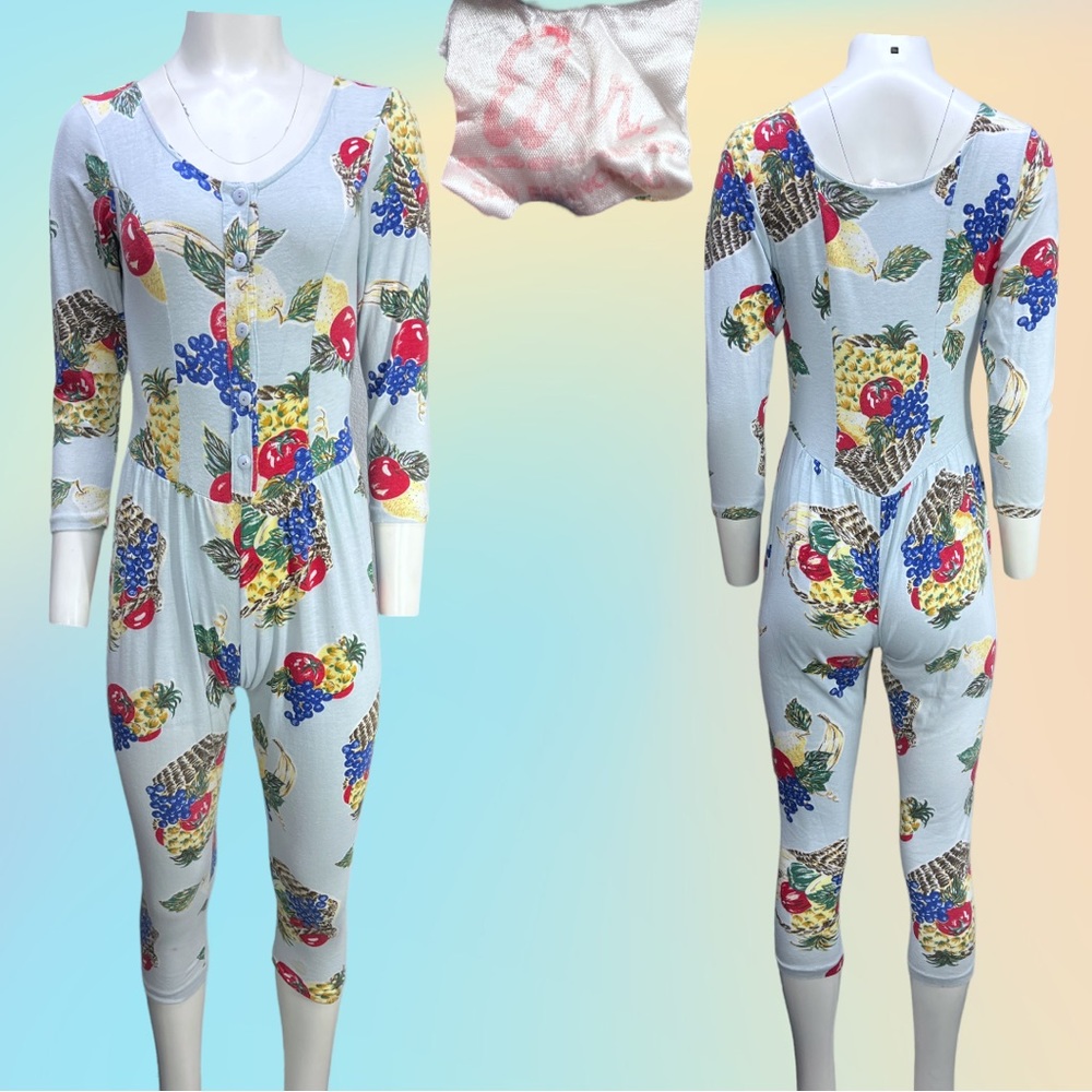 80's RARE Hard to Find EBER San Francisco Fruit Print Capri Length Jumpsuit XS